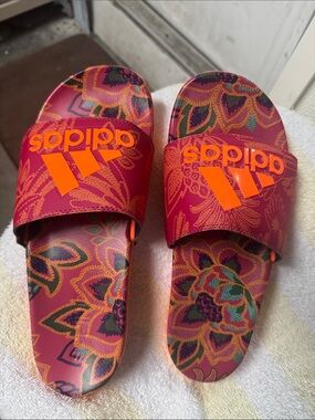 adidas Red Floral Slide Sandals with Bright Orange Logo